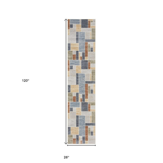 10' Blue And Green Geometric Washable Runner Rug