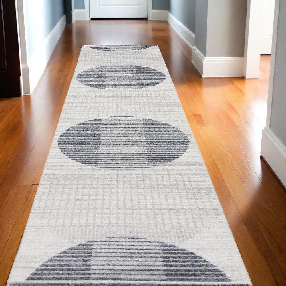 10' Blue And Ivory Geometric Washable Runner Rug