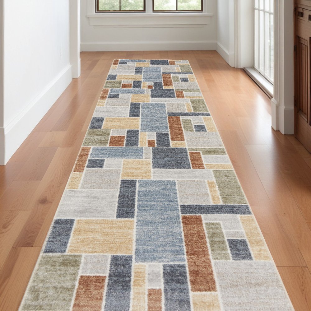 12' Blue And Green Geometric Washable Runner Rug