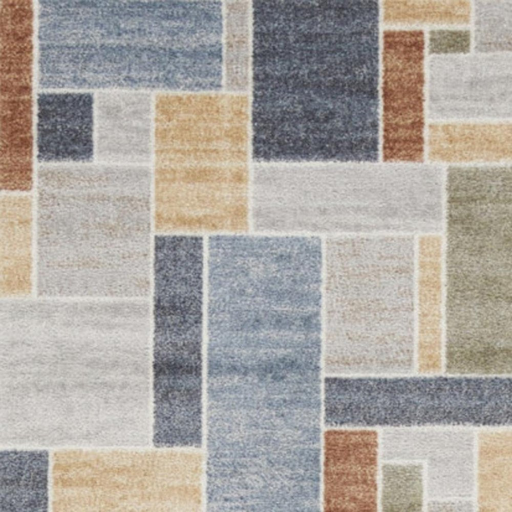 12' Blue And Green Geometric Washable Runner Rug