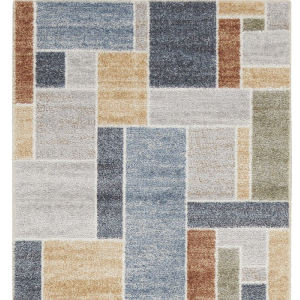 12' Blue And Green Geometric Washable Runner Rug