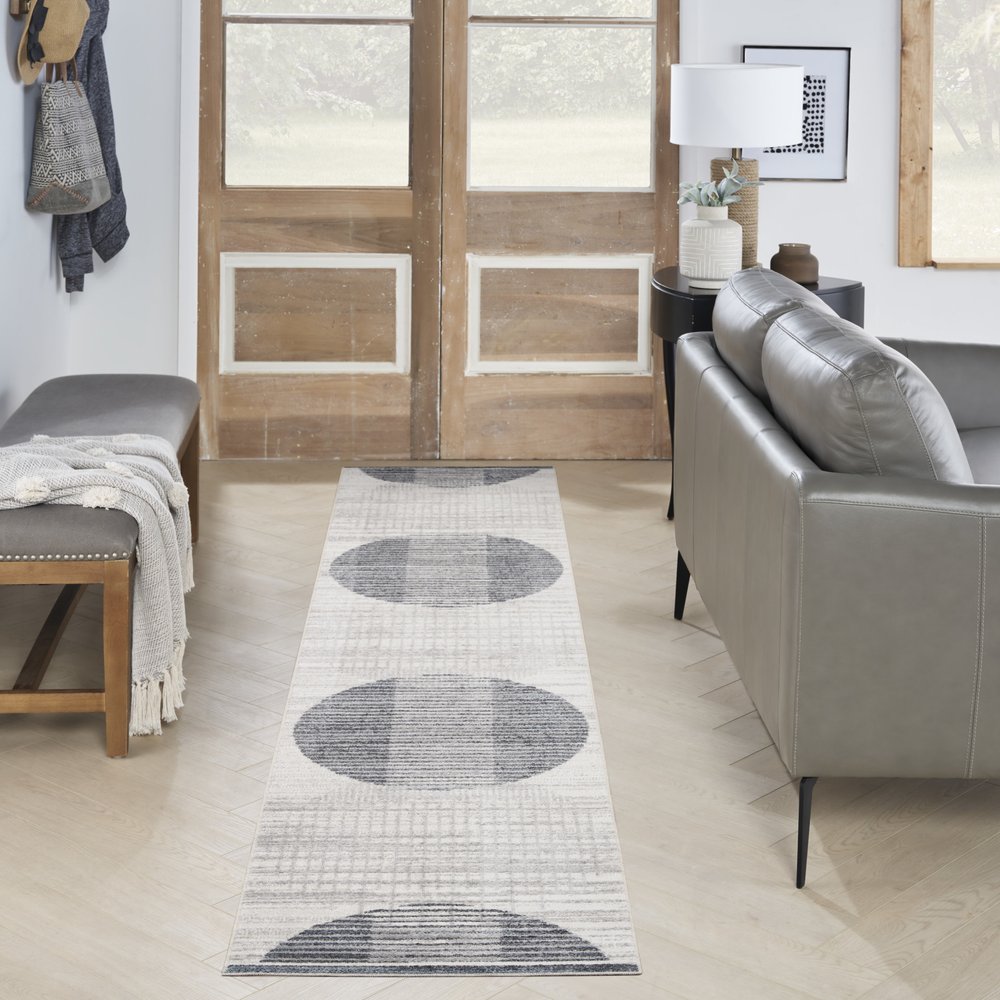 12' Blue And Ivory Geometric Washable Runner Rug