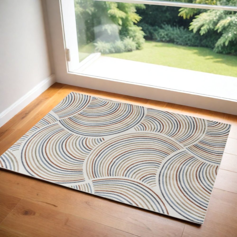 3' X 5' Blue and Ivory Geometric Power Loom Washable Area Rug