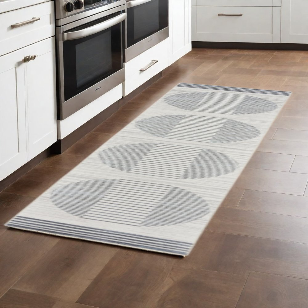 8' Blue And Ivory Geometric Washable Runner Rug