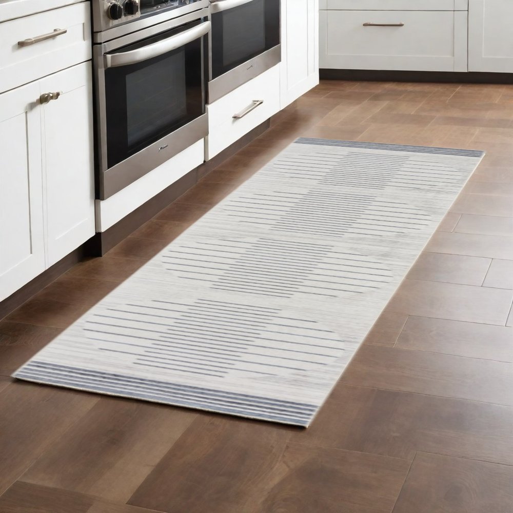 8' Blue And Ivory Geometric Washable Runner Rug