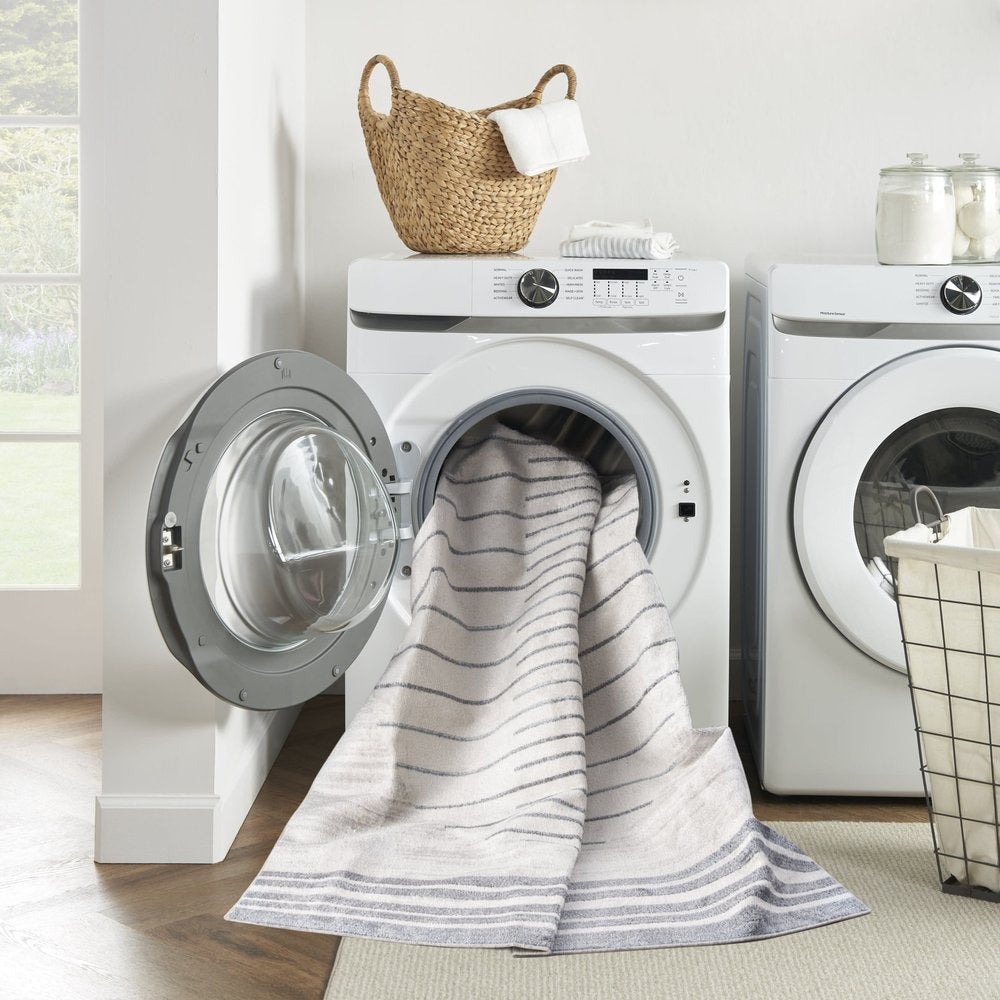 8' Blue And Ivory Geometric Washable Runner Rug