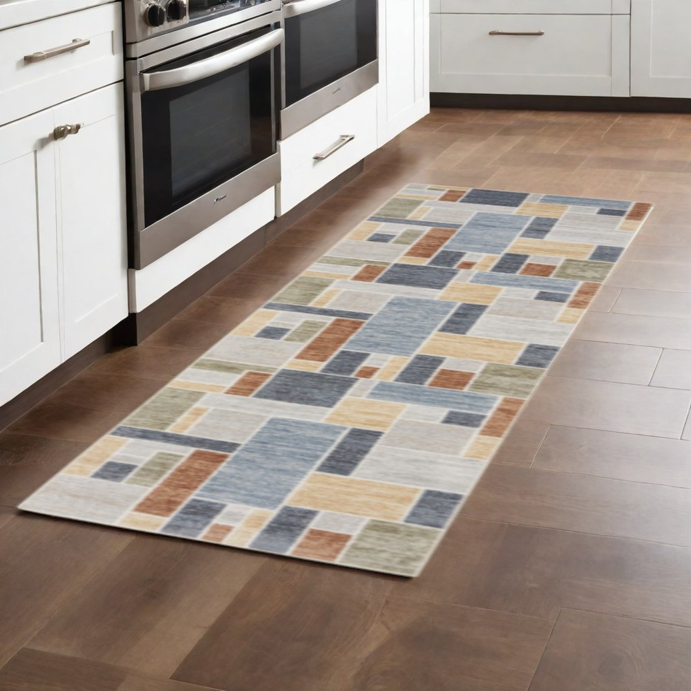 8' Blue And Green Geometric Washable Runner Rug