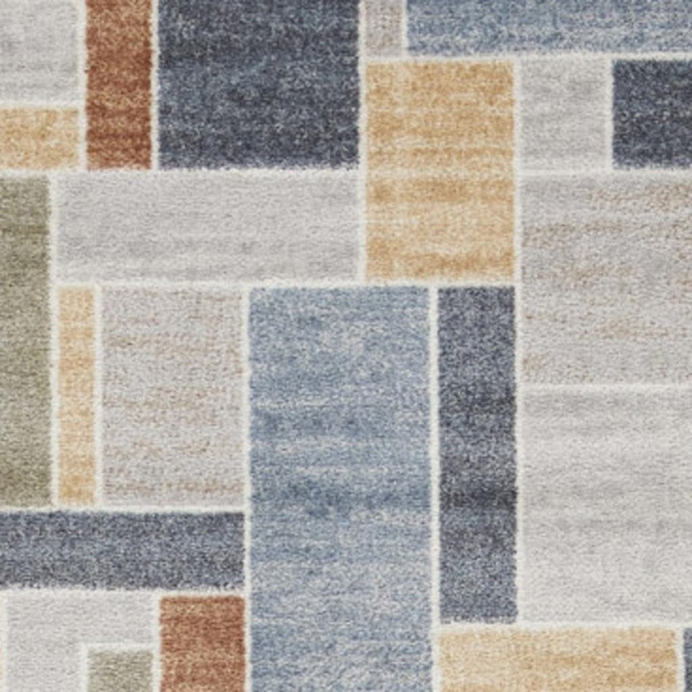 8' Blue And Green Geometric Washable Runner Rug