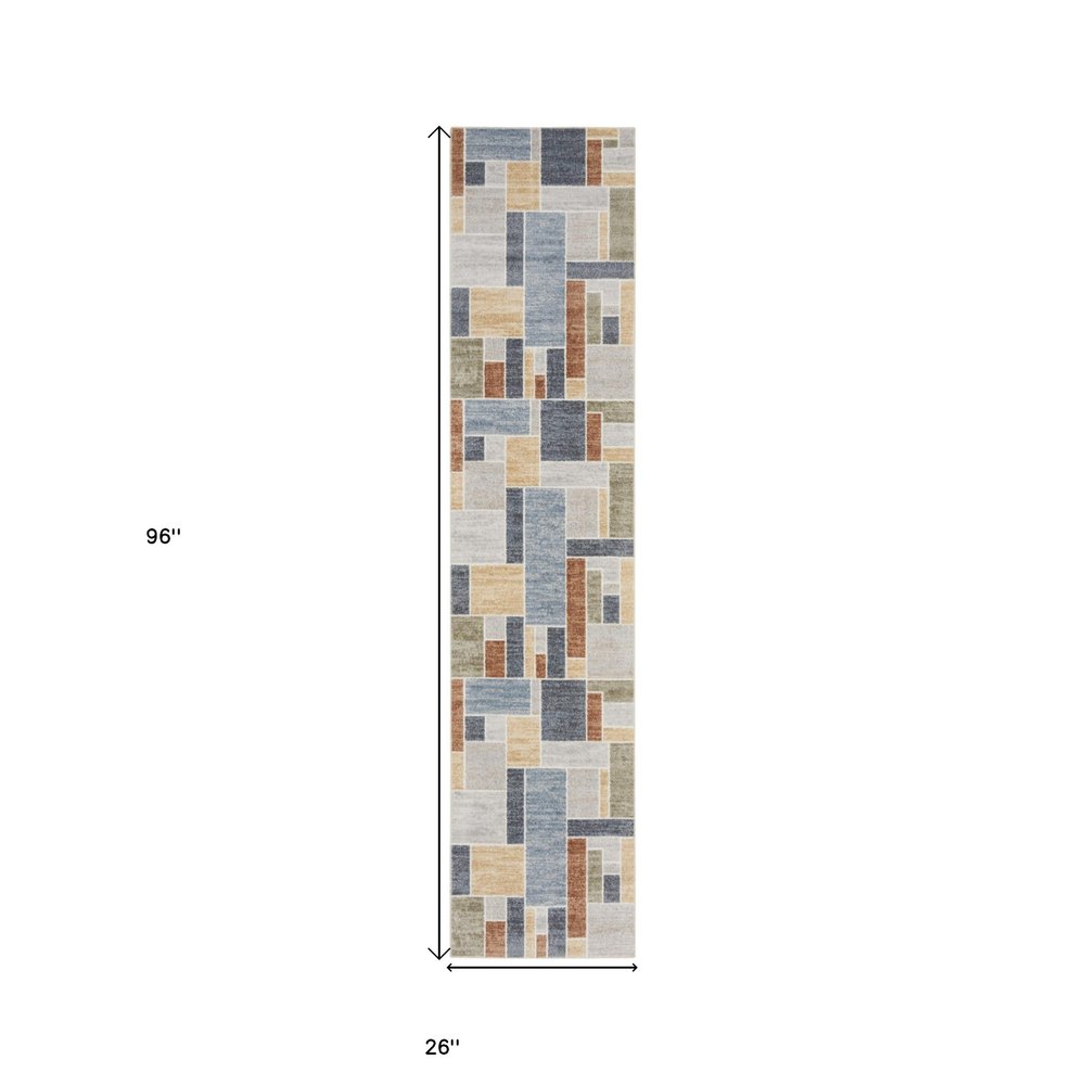 8' Blue And Green Geometric Washable Runner Rug