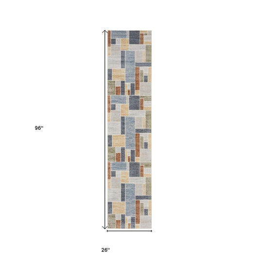 8' Blue And Green Geometric Washable Runner Rug