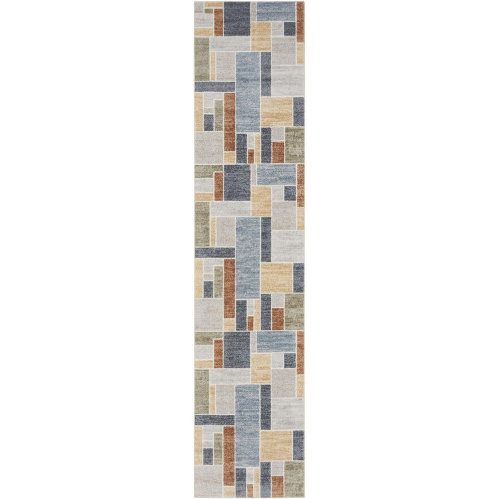 8' Blue And Green Geometric Washable Runner Rug