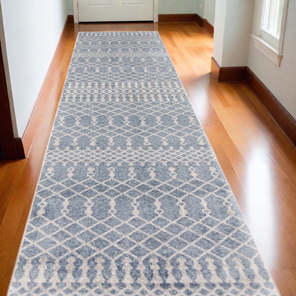 10' Blue And Ivory Moroccan Washable Runner Rug