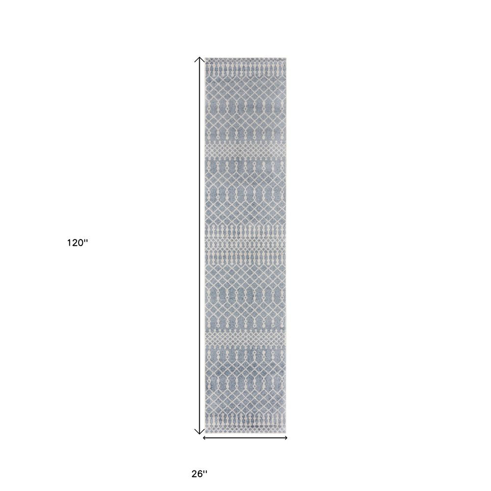 10' Blue And Ivory Moroccan Washable Runner Rug