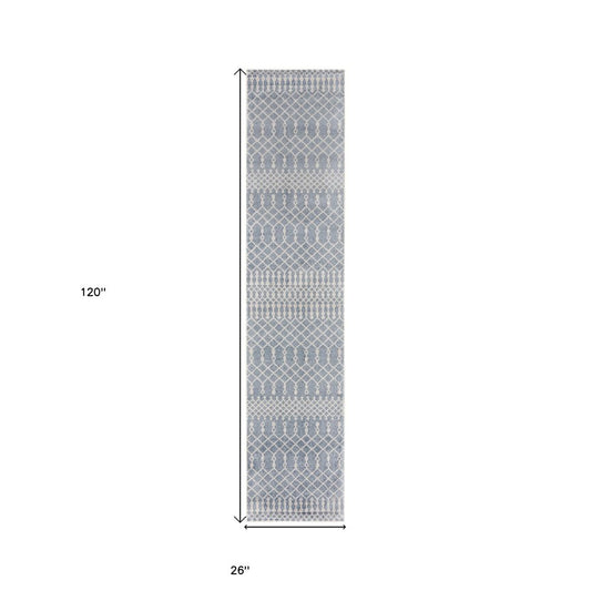 10' Blue And Ivory Moroccan Washable Runner Rug