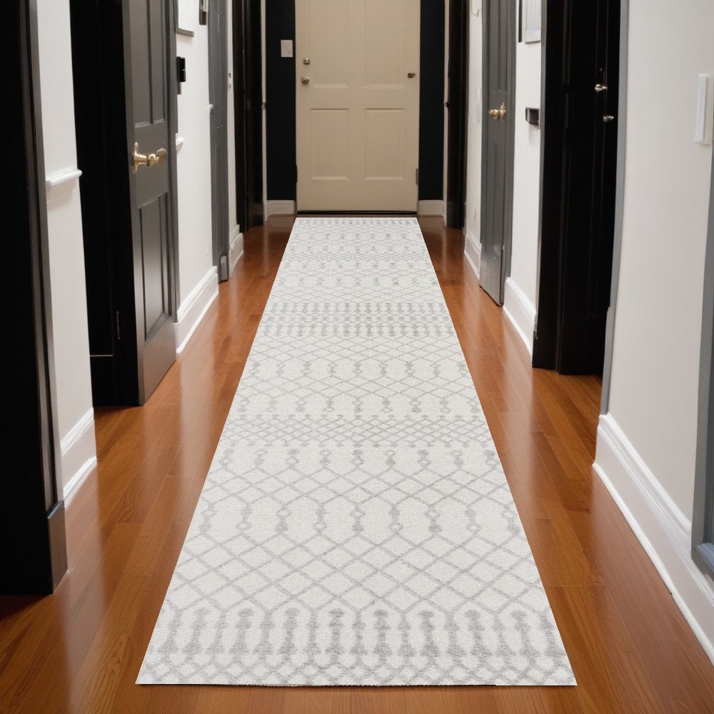 10' Gray And Ivory Moroccan Washable Runner Rug