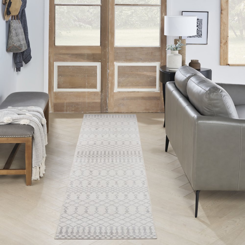10' Gray And Ivory Moroccan Washable Runner Rug