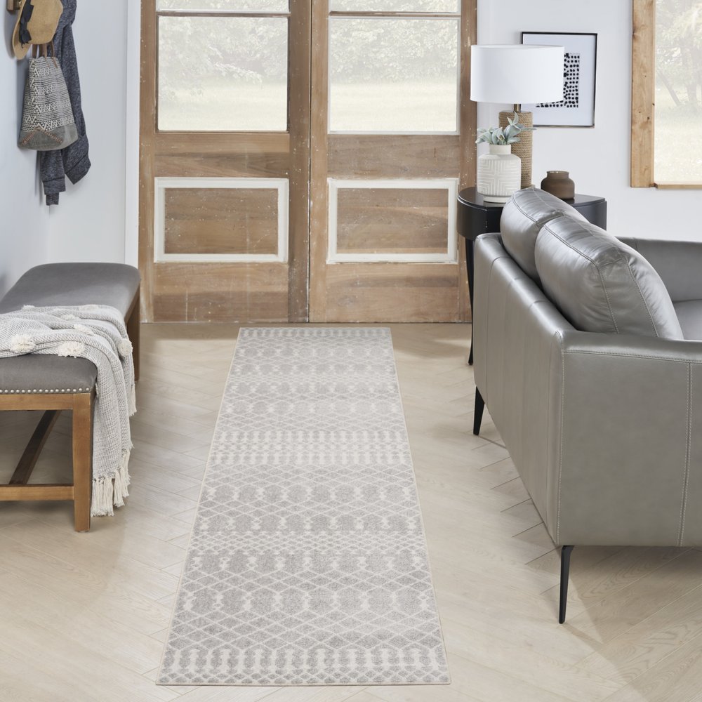 10' Gray And Ivory Moroccan Washable Runner Rug