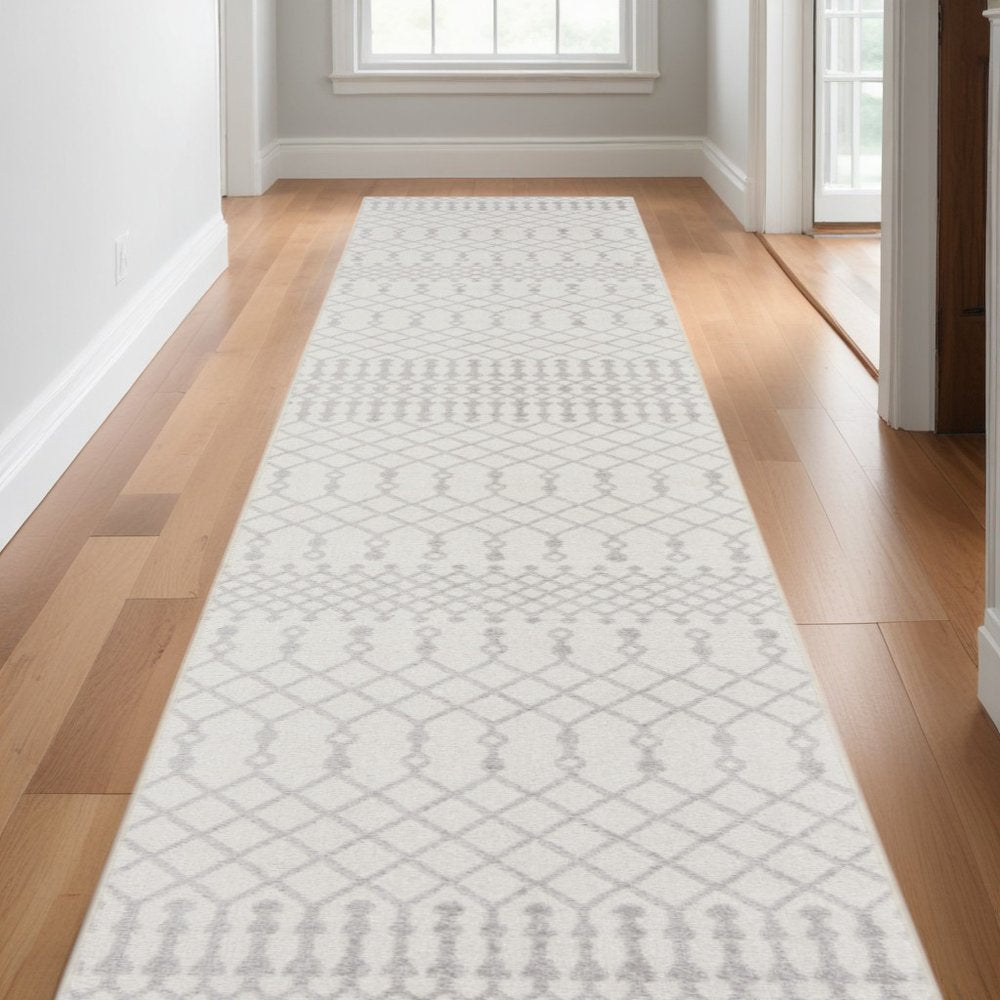 12' Gray And Ivory Moroccan Washable Runner Rug