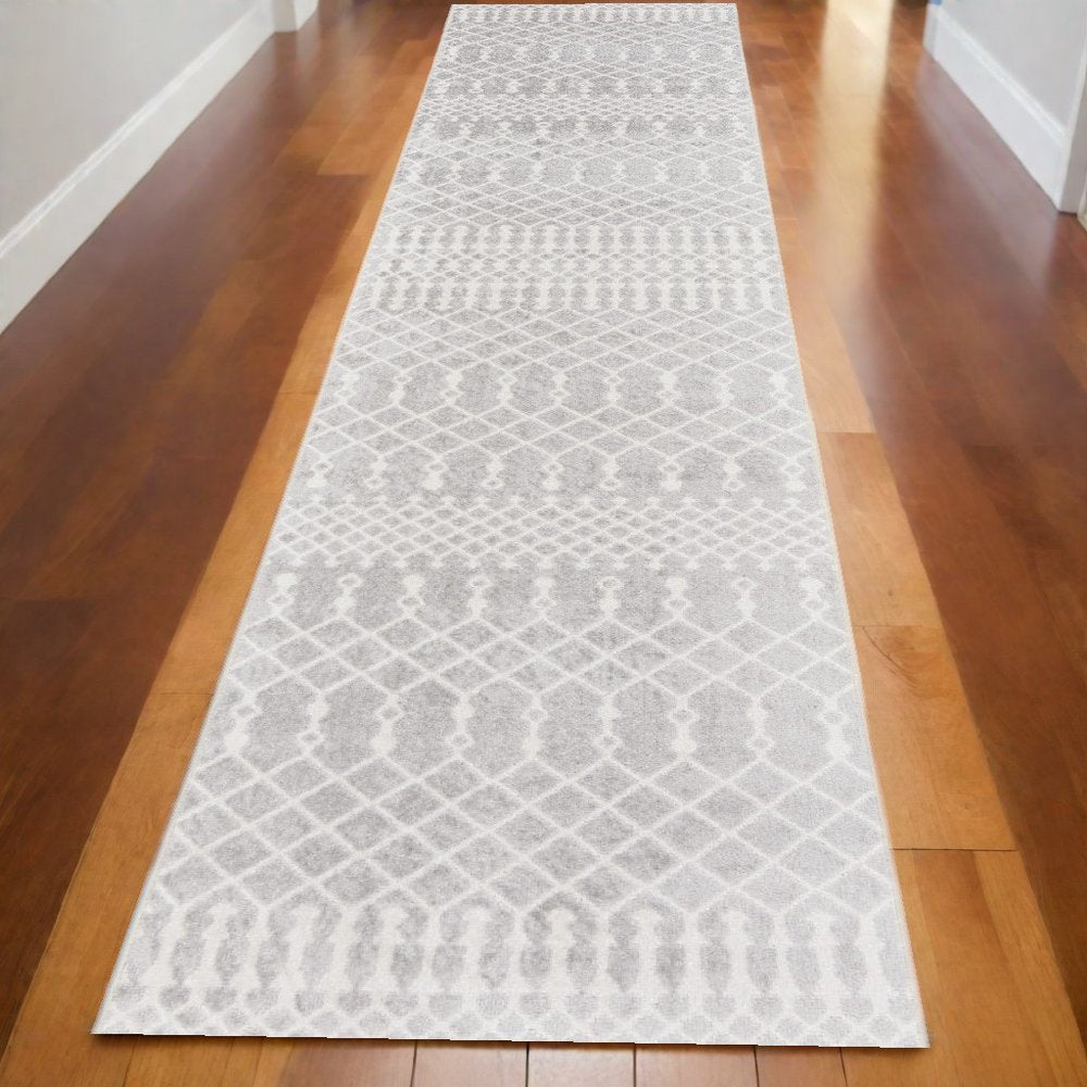 12' Gray And Ivory Moroccan Washable Runner Rug