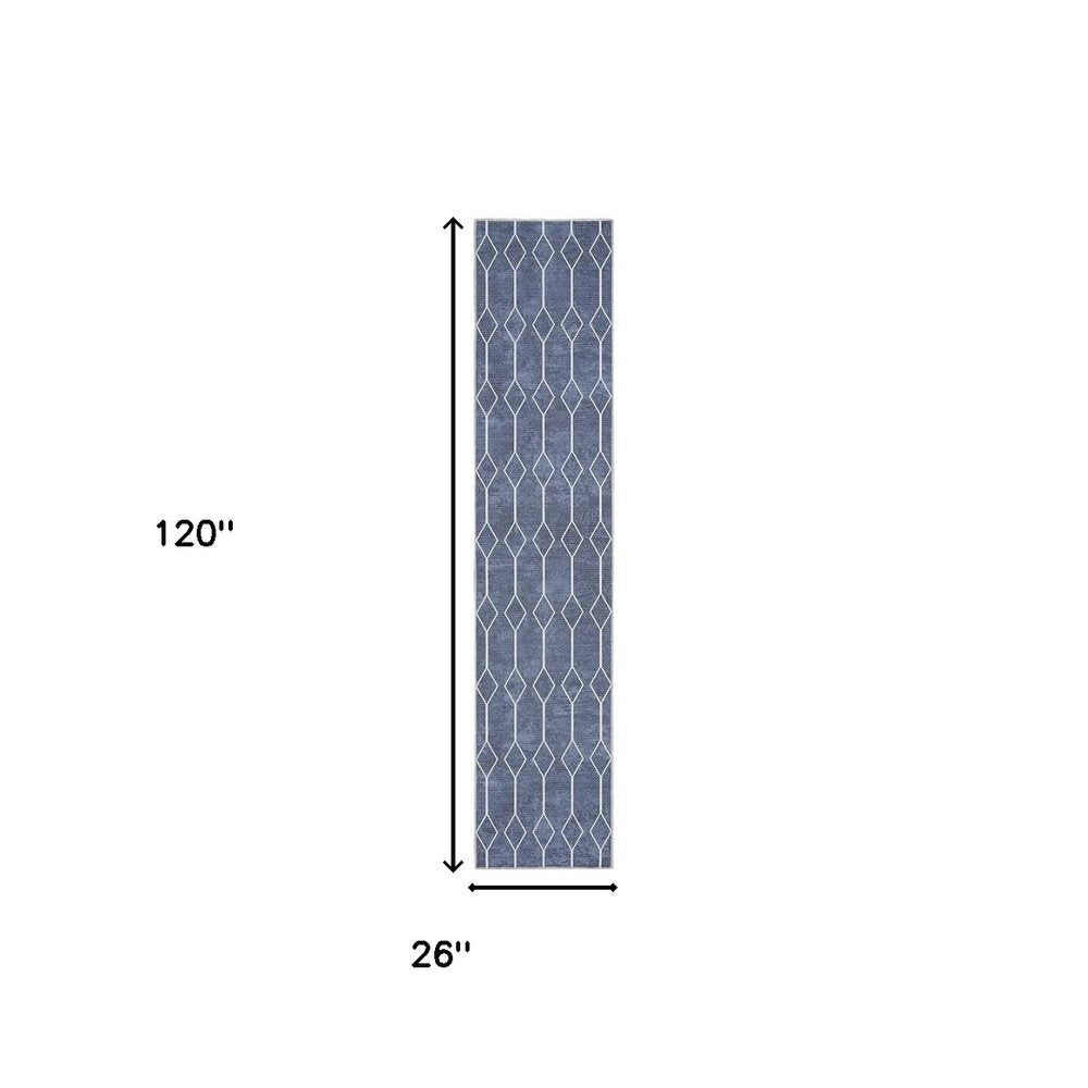 10' Blue Geometric Washable Runner Rug