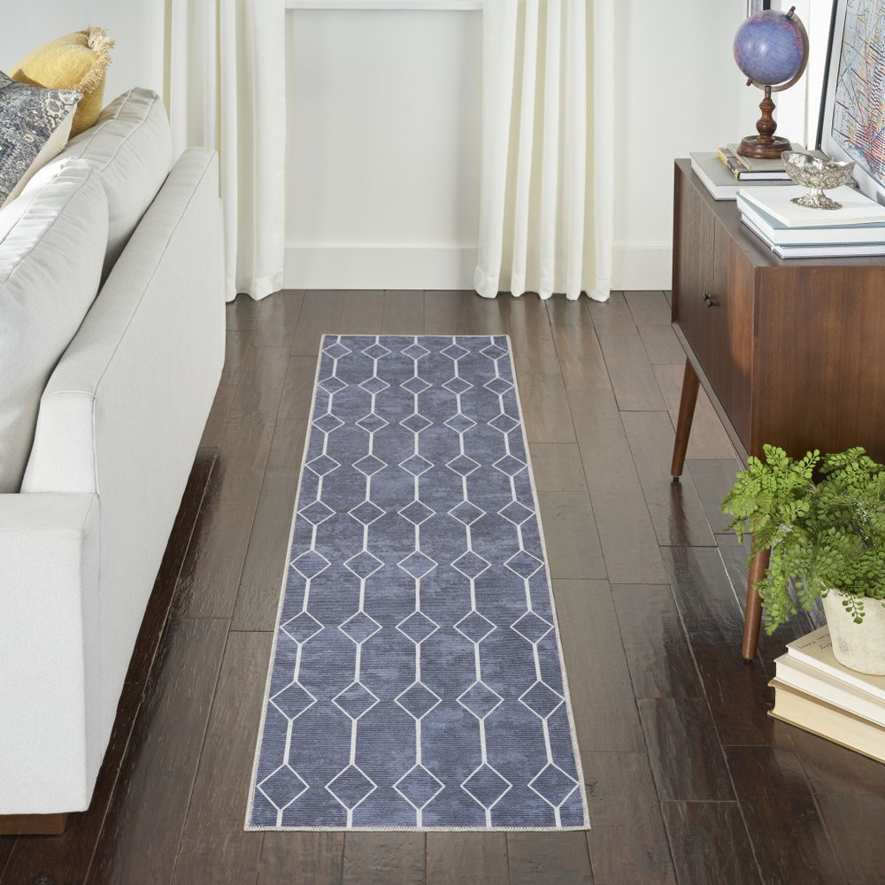 10' Blue Geometric Washable Runner Rug