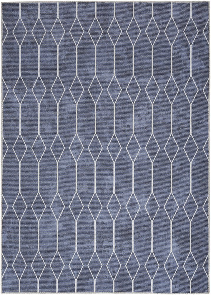 6' X 9' Blue and Ivory Geometric Power Loom Washable Area Rug