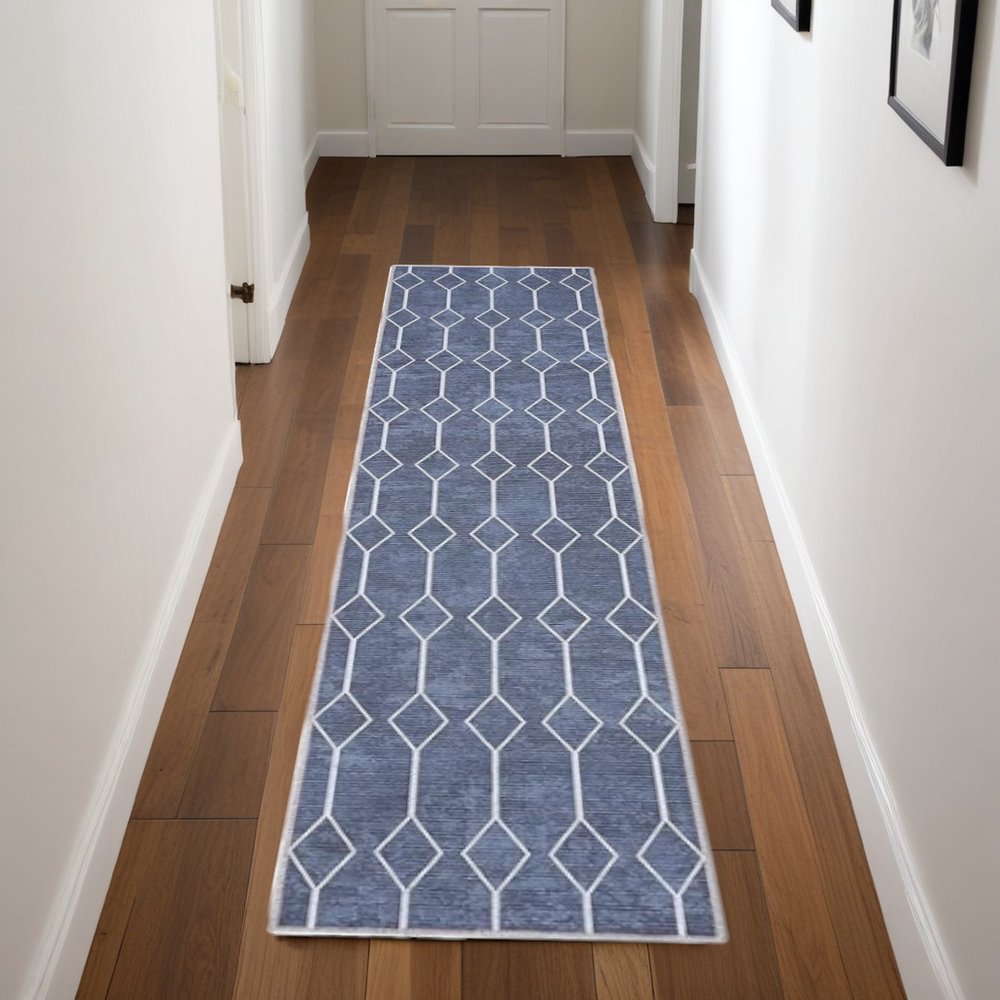 8' Blue Geometric Washable Runner Rug
