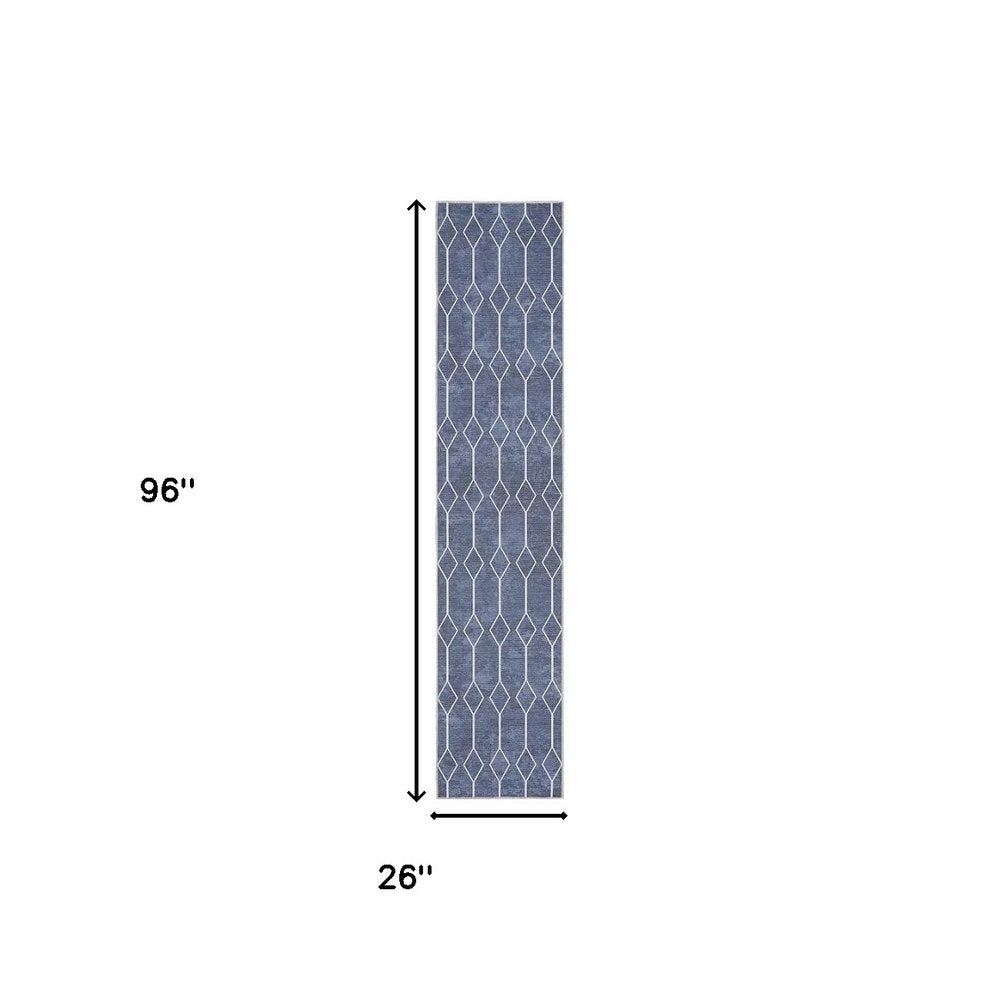 8' Blue Geometric Washable Runner Rug