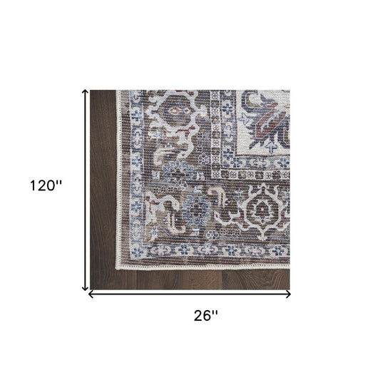 10' Green and Ivory Floral Power Loom Distressed Washable Runner Rug