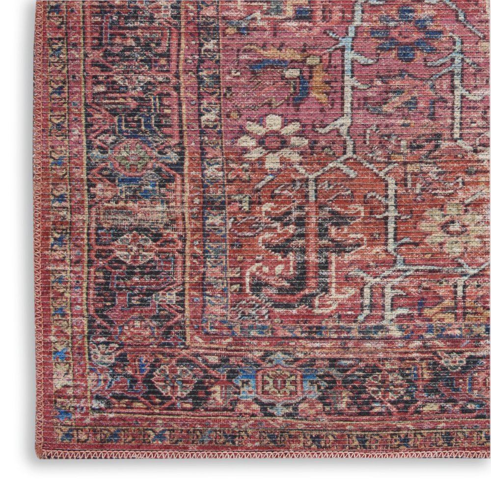 10' Blue and Red Floral Power Loom Distressed Washable Runner Rug