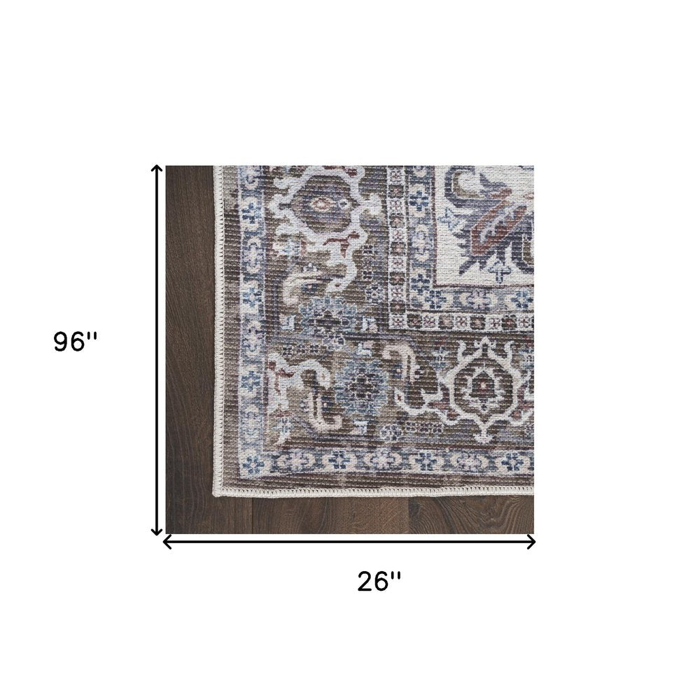 8' Green and Ivory Floral Power Loom Distressed Washable Runner Rug