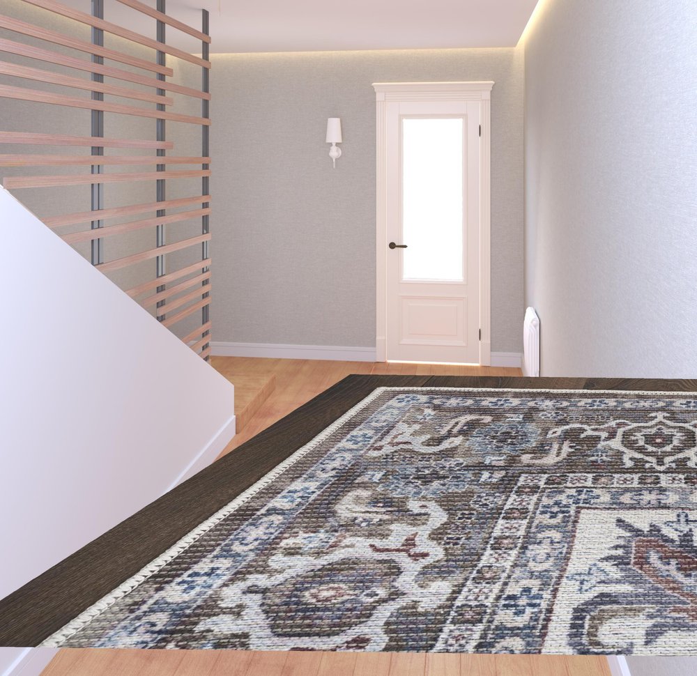 8' Green and Ivory Floral Power Loom Distressed Washable Runner Rug