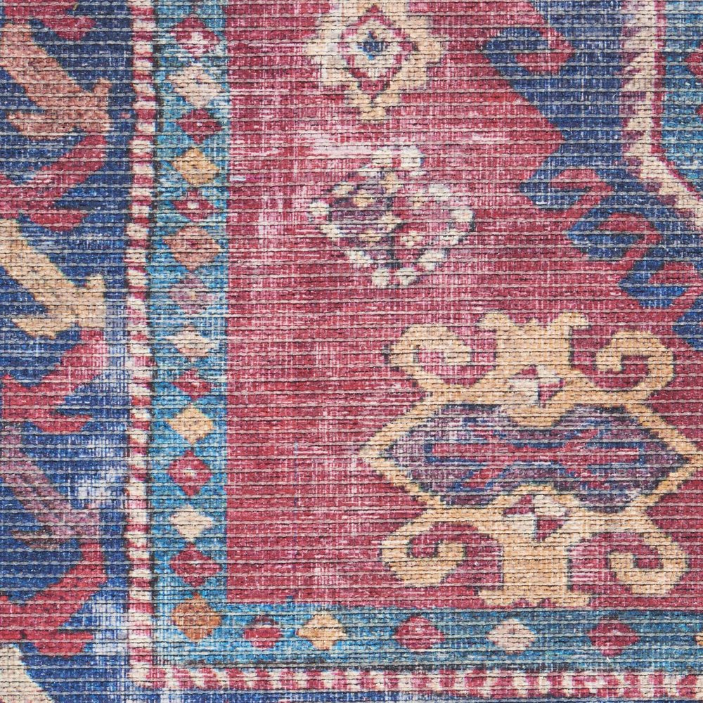8' Blue And Red Medallion Distressed Washable Runner Rug
