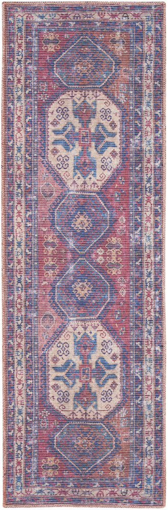 8' Blue And Red Medallion Distressed Washable Runner Rug