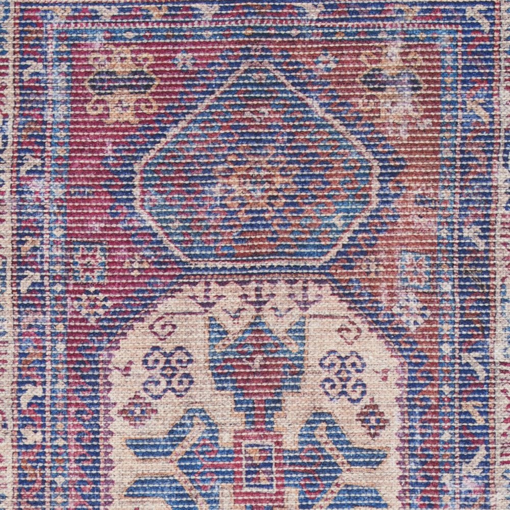 8' Blue And Red Medallion Distressed Washable Runner Rug