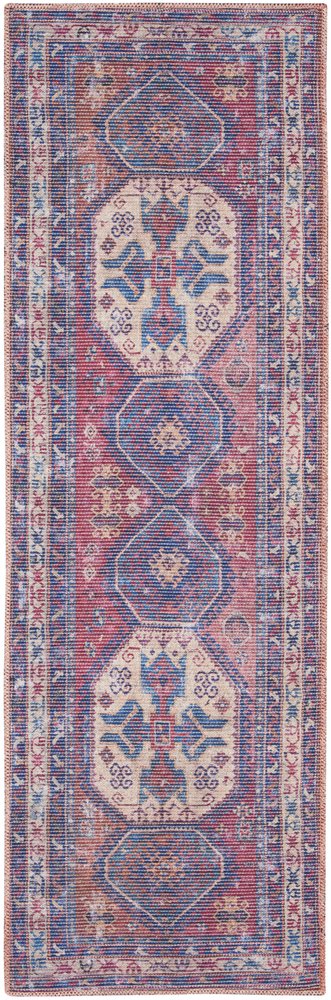 8' Blue And Red Medallion Distressed Washable Runner Rug