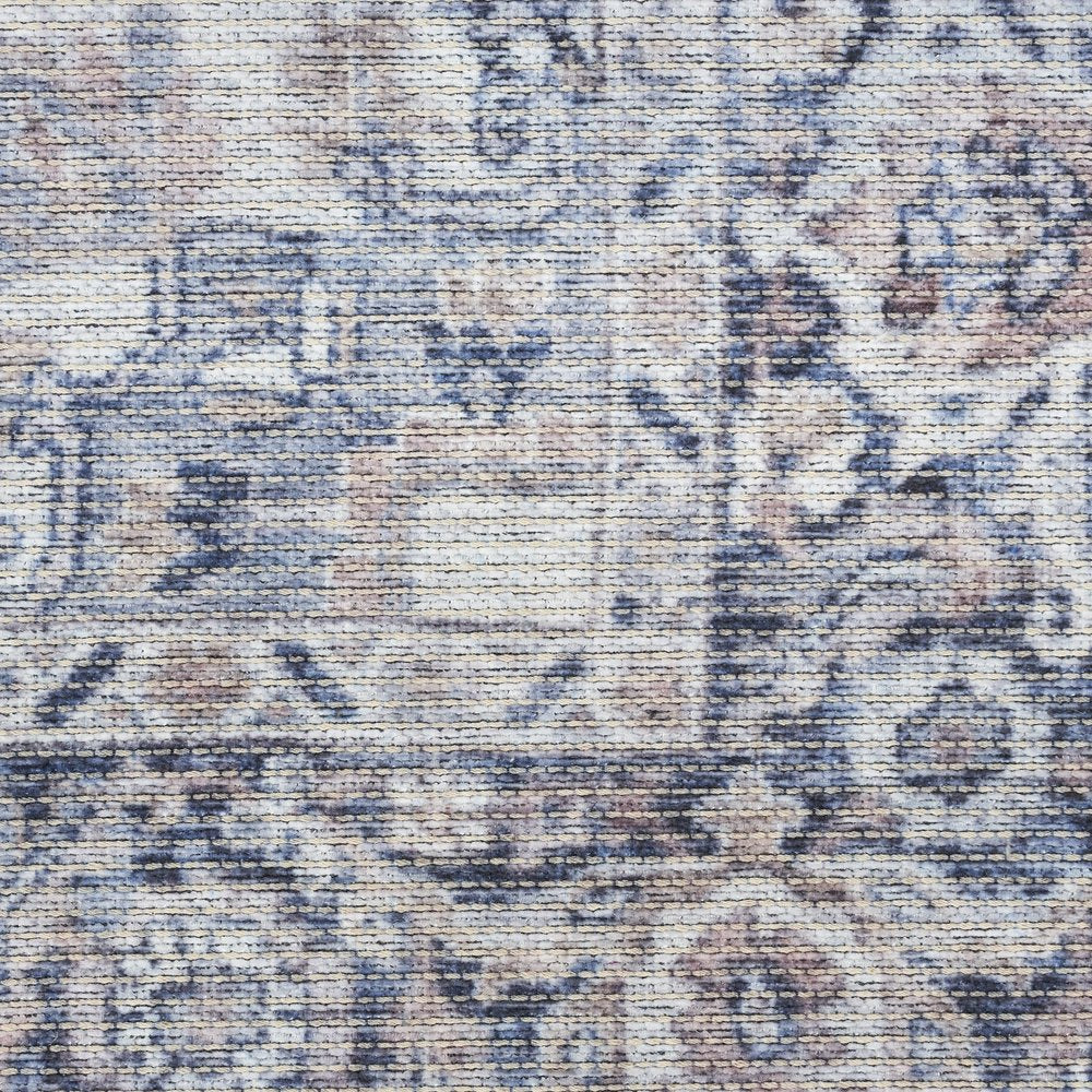 8' Blue and Ivory Floral Power Loom Distressed Washable Runner Rug