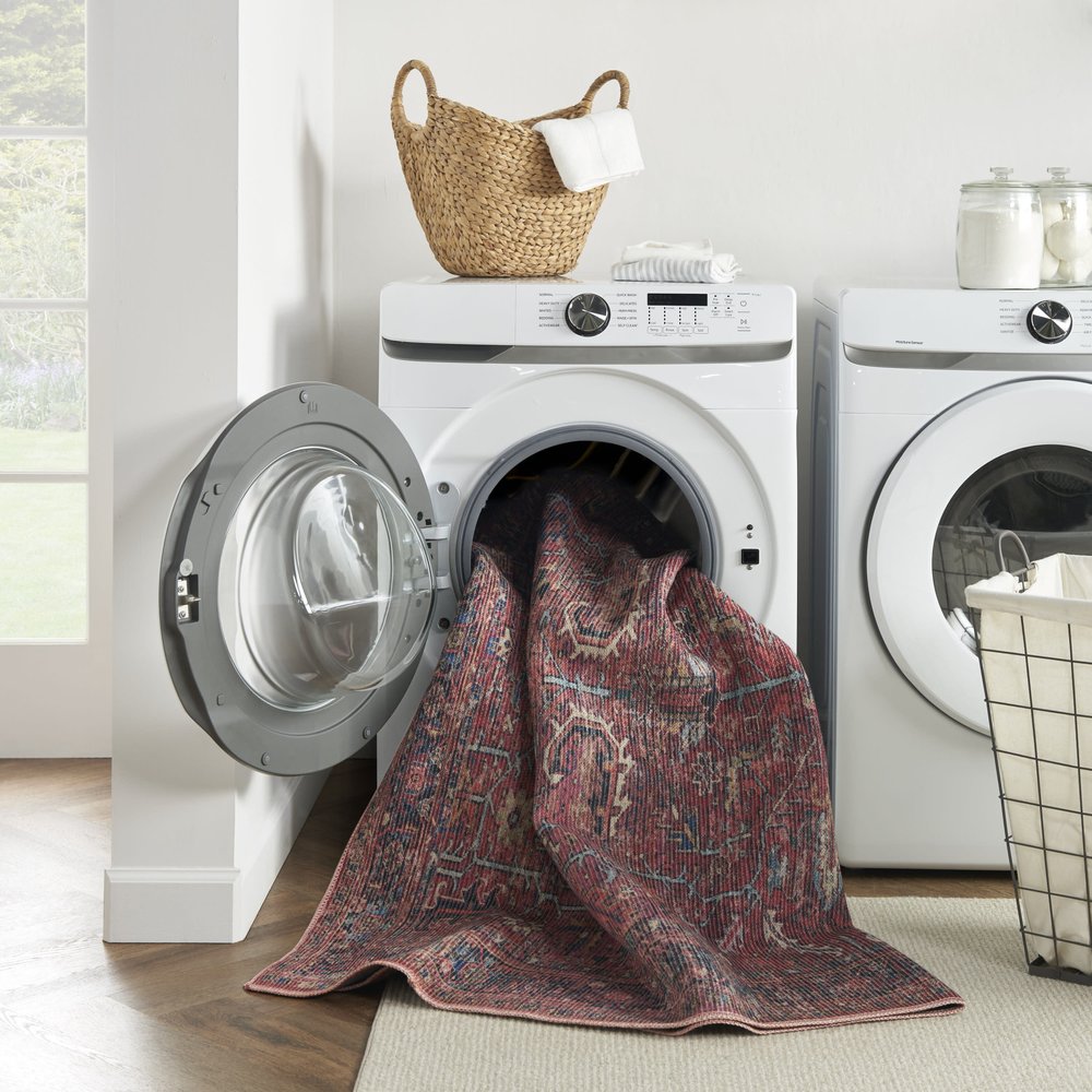 8' Blue and Red Floral Power Loom Distressed Washable Runner Rug