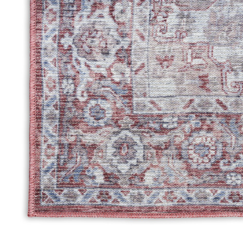 9' X 12' Red and Ivory Floral Power Loom Distressed Washable Area Rug