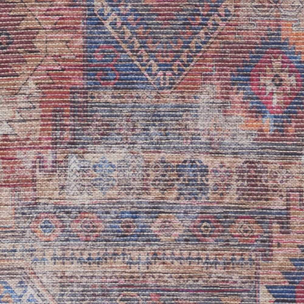 10' Blue and Red Geometric Power Loom Distressed Washable Runner Rug