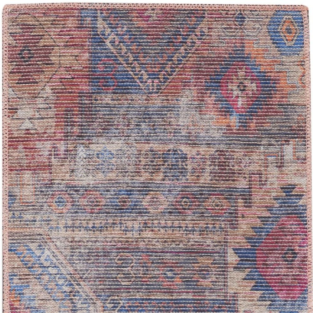 10' Blue and Red Geometric Power Loom Distressed Washable Runner Rug