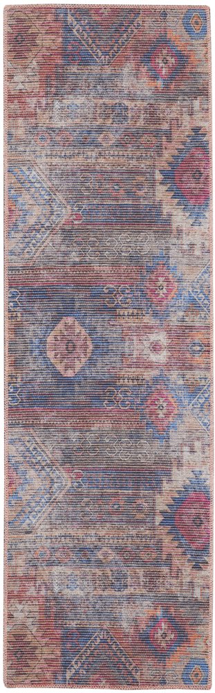 8' Blue and Red Geometric Power Loom Distressed Washable Runner Rug