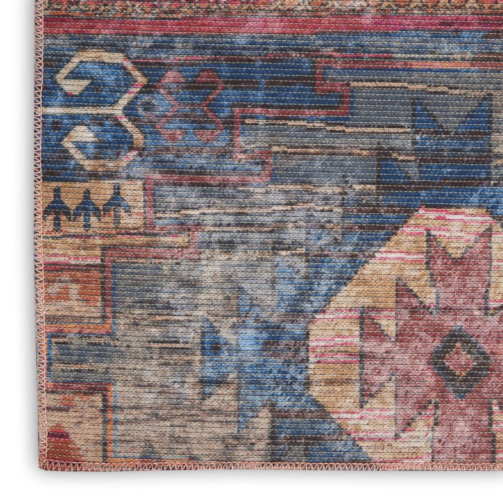 8' Blue and Red Geometric Power Loom Distressed Washable Runner Rug