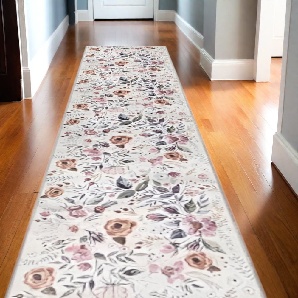 10' Ivory Floral Washable Runner Rug