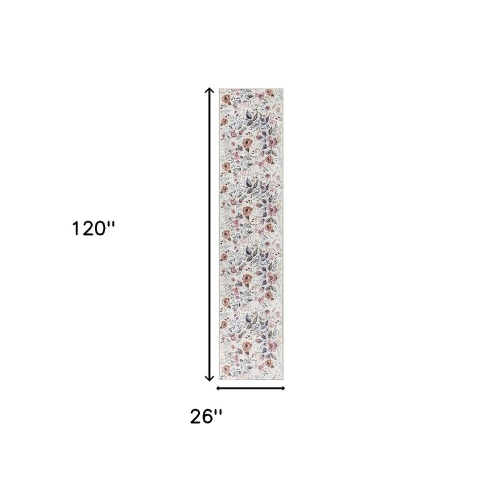 10' Ivory Floral Washable Runner Rug