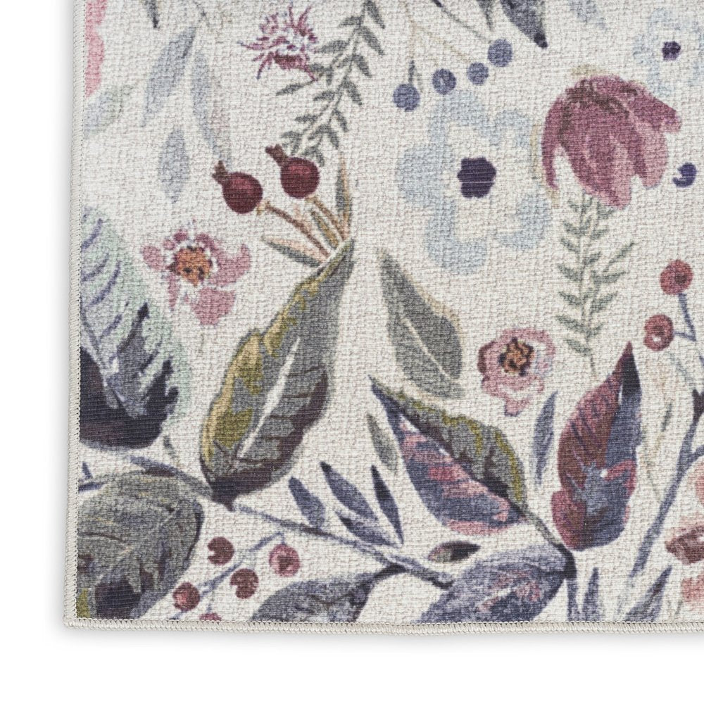 10' Ivory Floral Washable Runner Rug