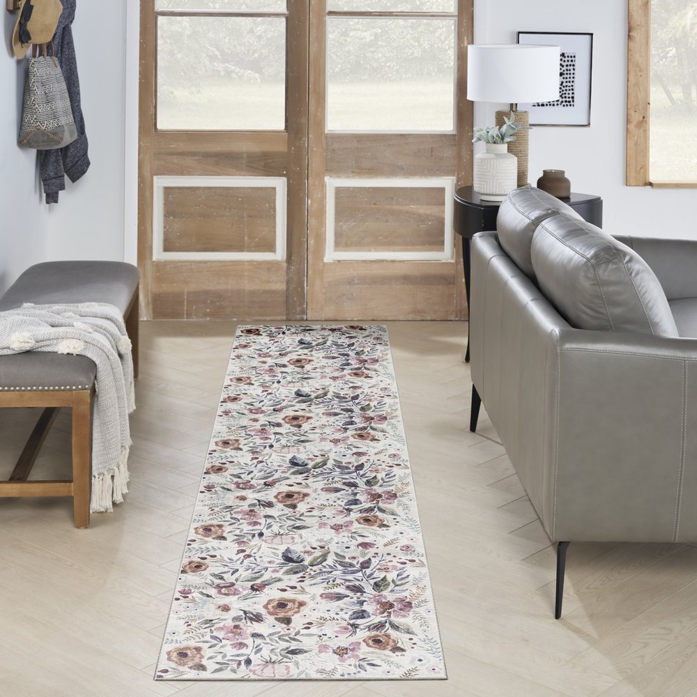 10' Ivory Floral Washable Runner Rug