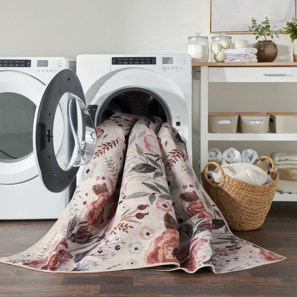 10' Ivory Floral Washable Runner Rug