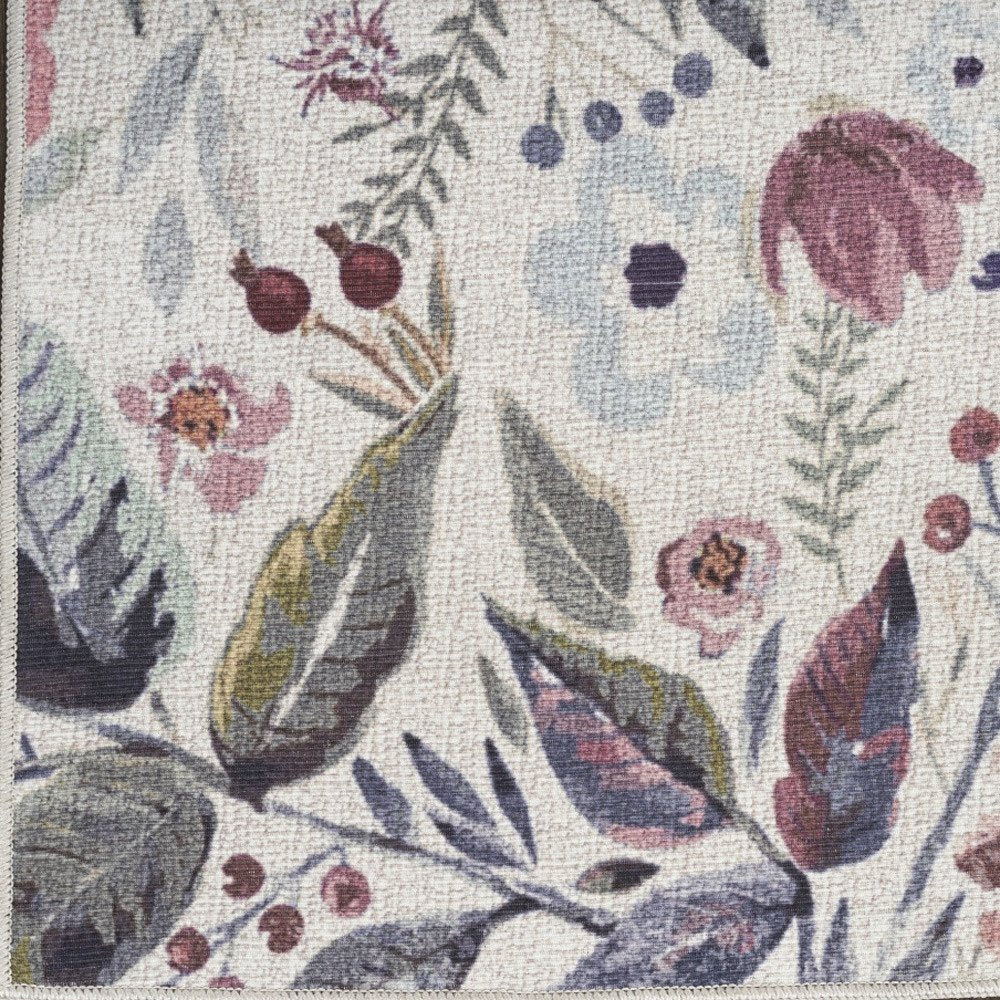 10' Ivory Floral Washable Runner Rug