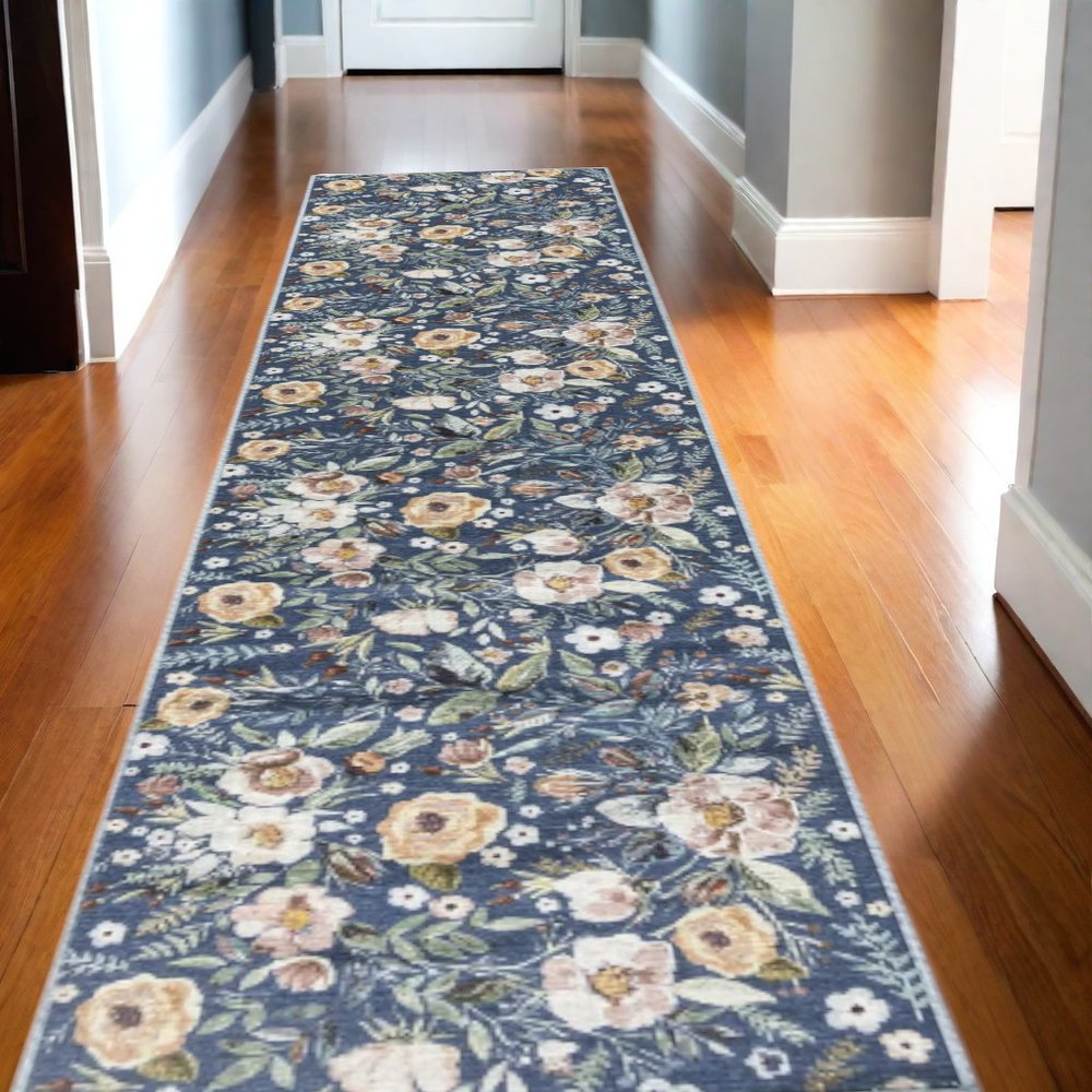 10' Blue Floral Washable Runner Rug